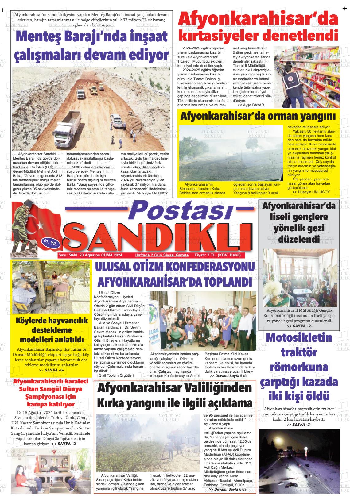 23 Ağustos 2024 Sandıklı Postası Gazete Manşeti