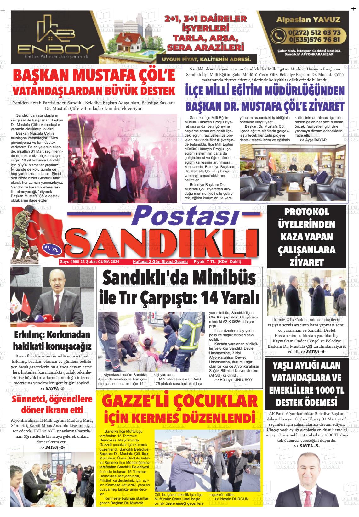 23 Şubat 2024 Sandıklı Postası Gazete Manşeti