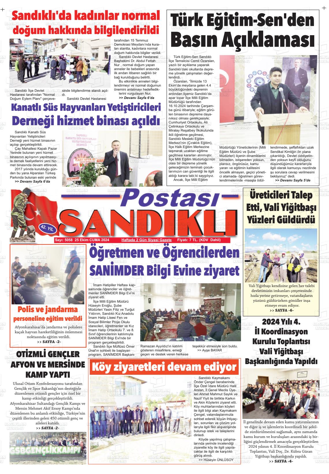 25 Ekim 2024 Sandıklı Postası Gazete Manşeti