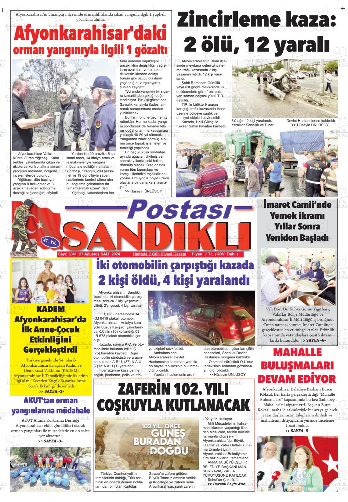 27 Ağustos 2024 Sandıklı Postası Gazete Manşeti