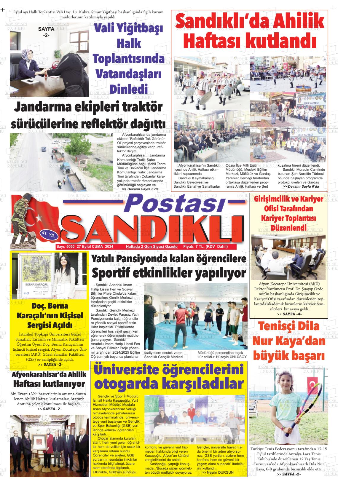 27 Eylül 2024 Sandıklı Postası Gazete Manşeti