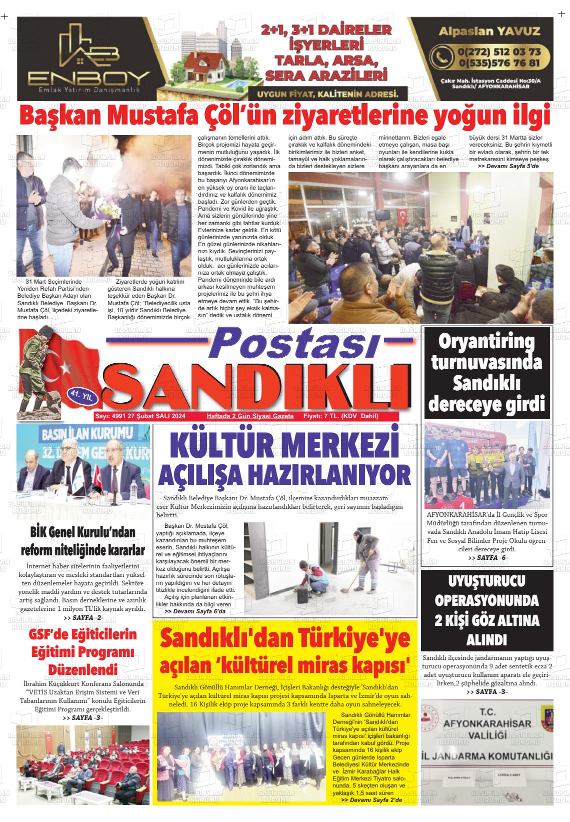 27 Şubat 2024 Sandıklı Postası Gazete Manşeti