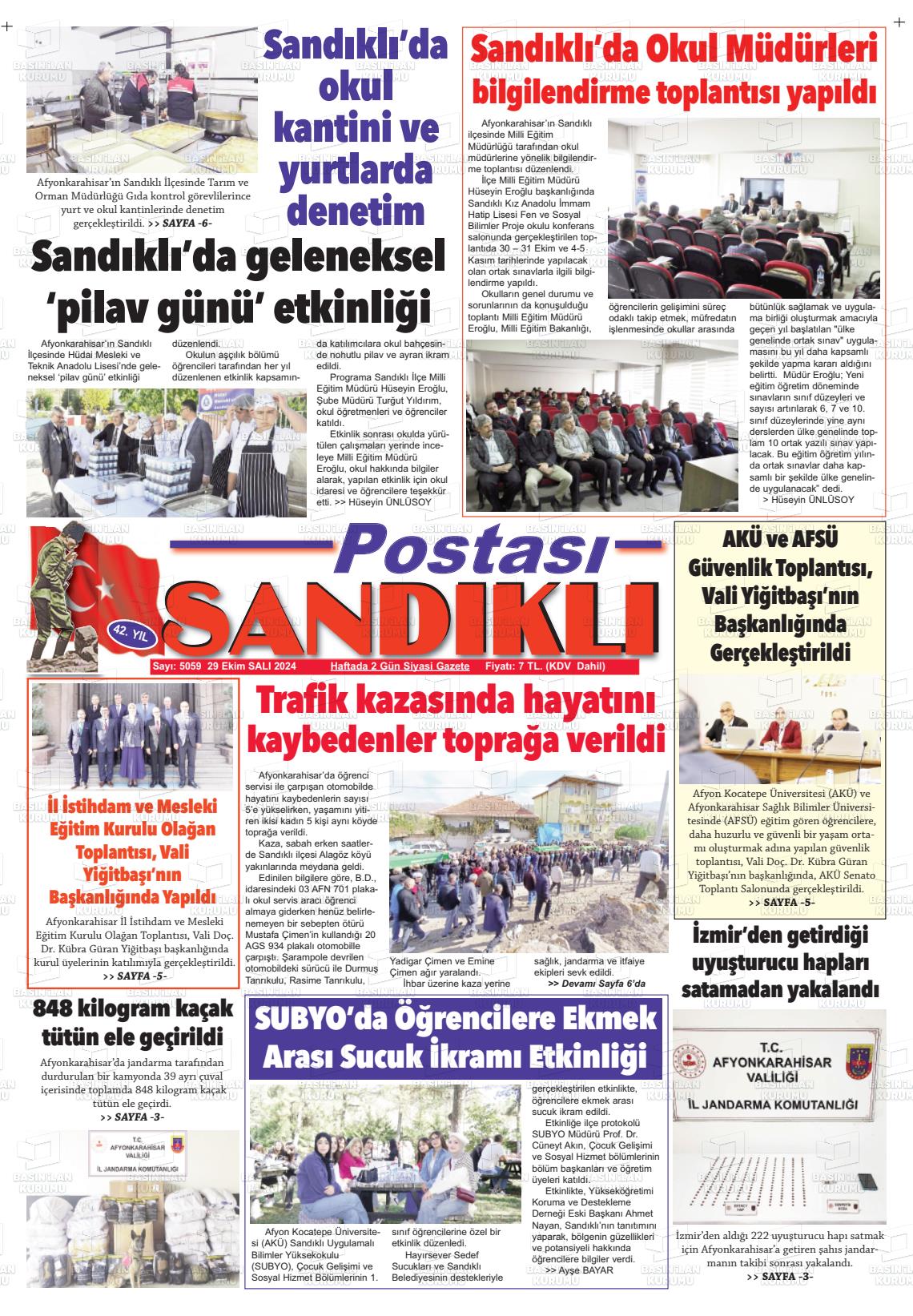 29 Ekim 2024 Sandıklı Postası Gazete Manşeti