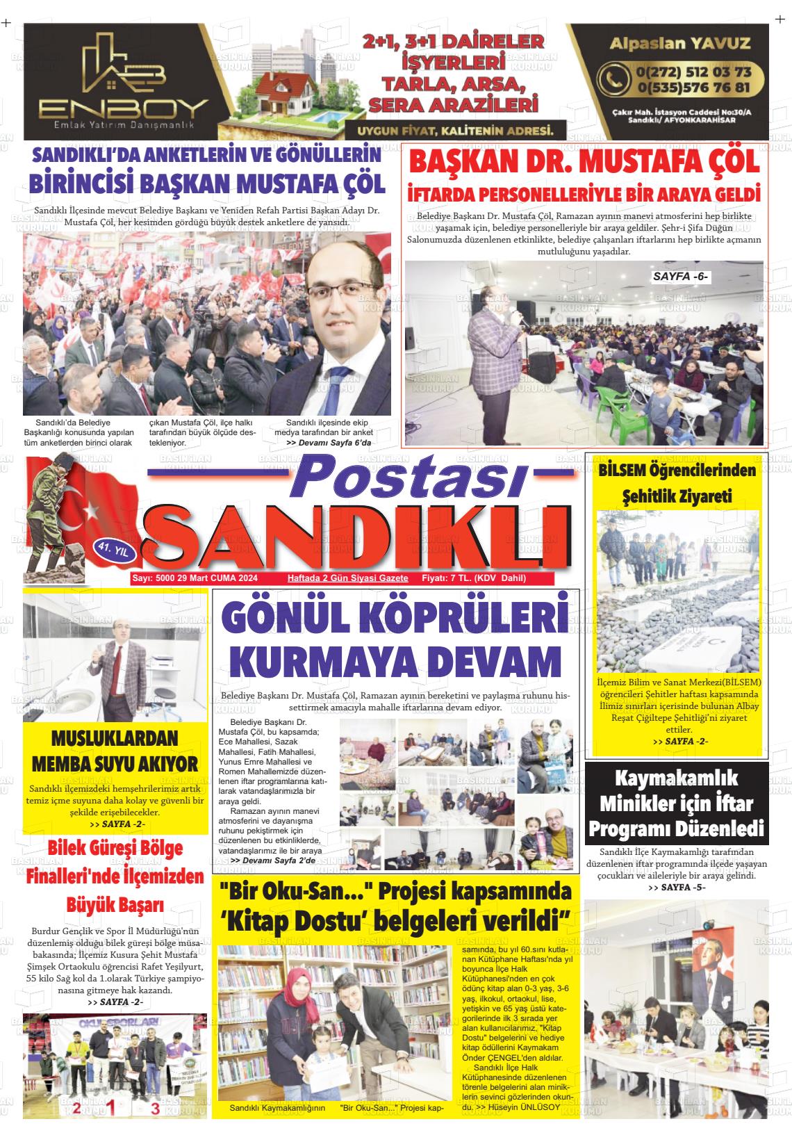 29 Mart 2024 Sandıklı Postası Gazete Manşeti