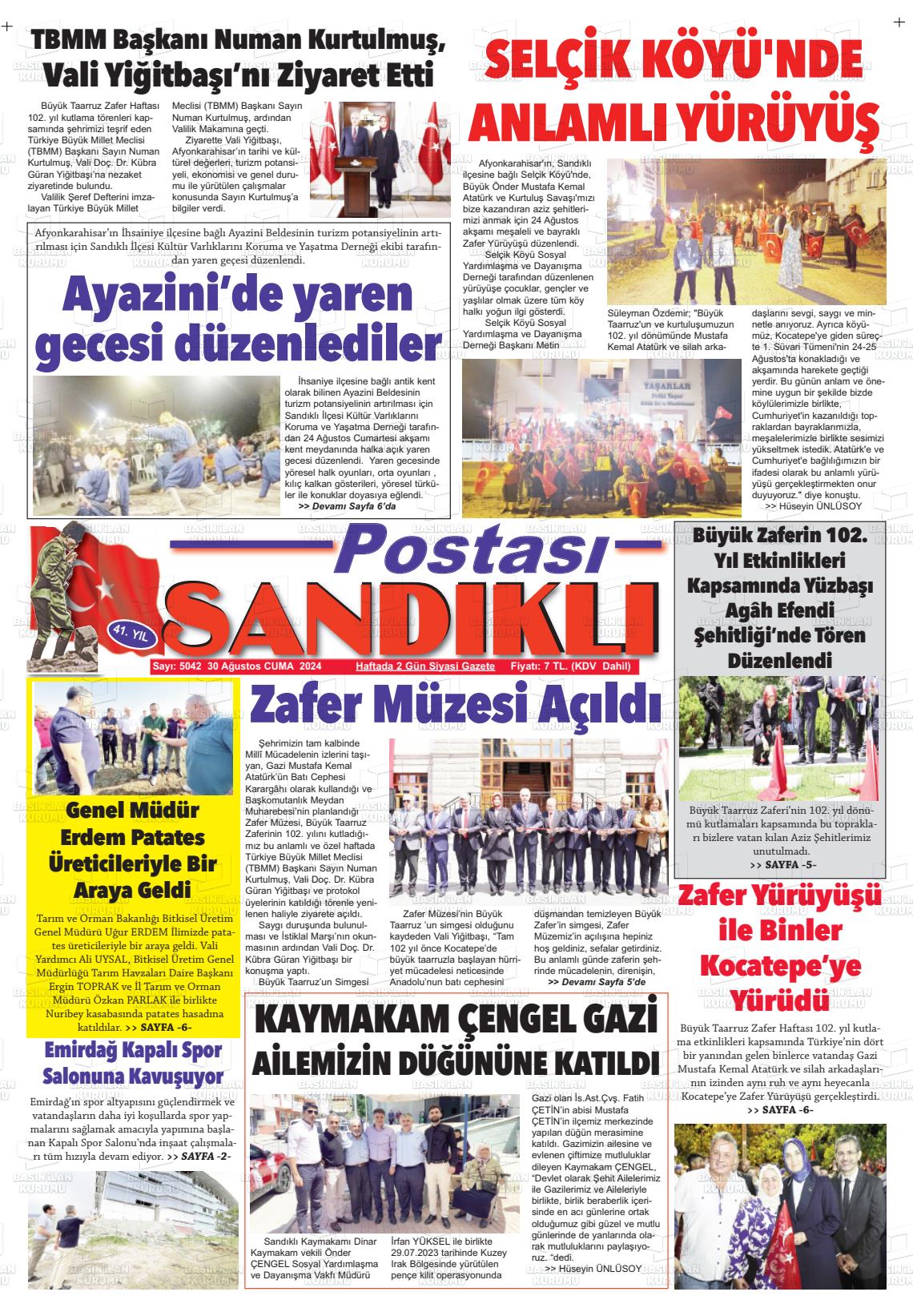 30 Ağustos 2024 Sandıklı Postası Gazete Manşeti