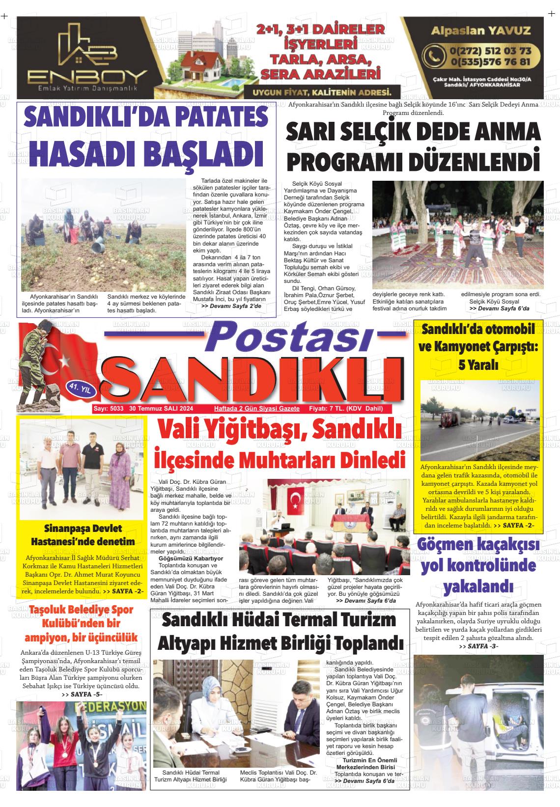 30 Temmuz 2024 Sandıklı Postası Gazete Manşeti