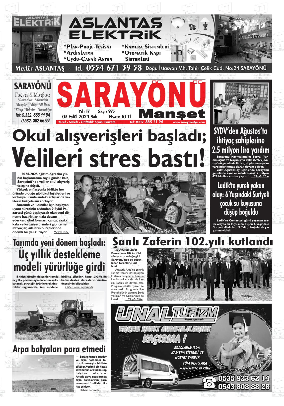 03 Eylül 2024 Saray Medya Gazete Manşeti