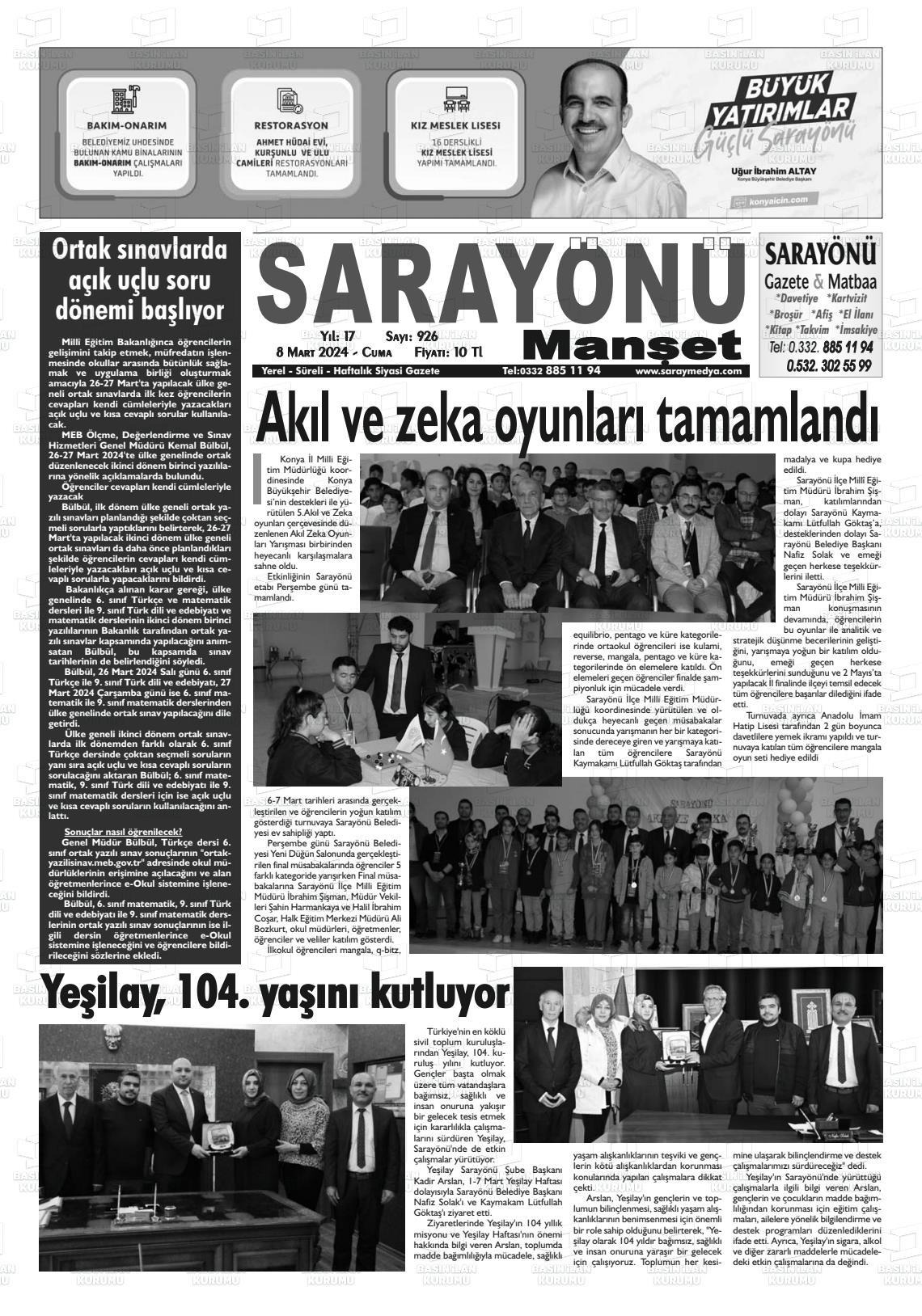 08 Mart 2024 Saray Medya Gazete Manşeti