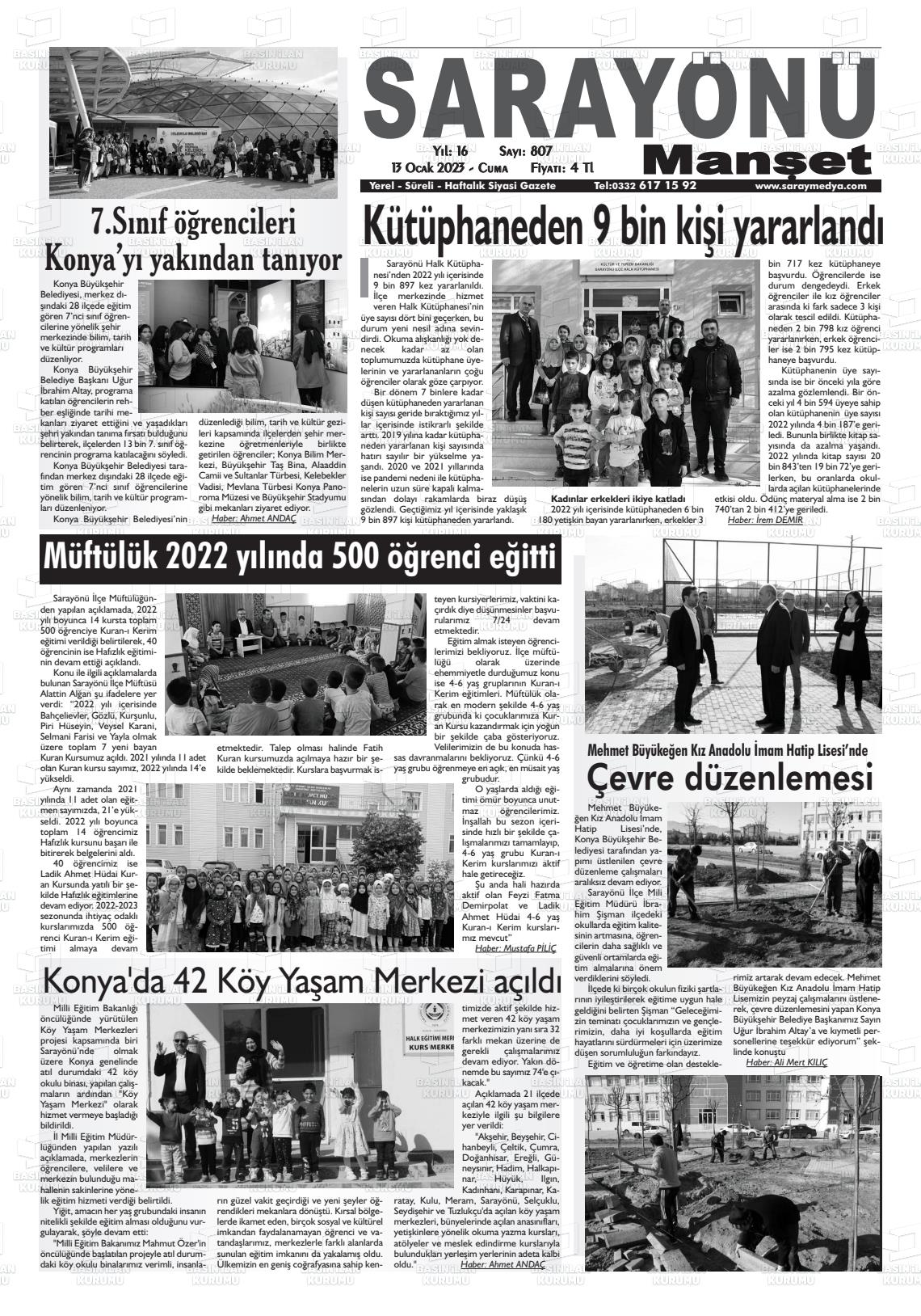 13 Ocak 2023 Saray Medya Gazete Manşeti