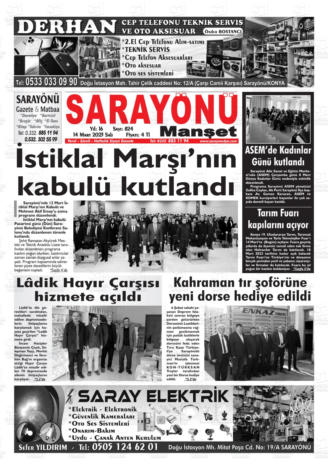 14 Mart 2023 Saray Medya Gazete Manşeti