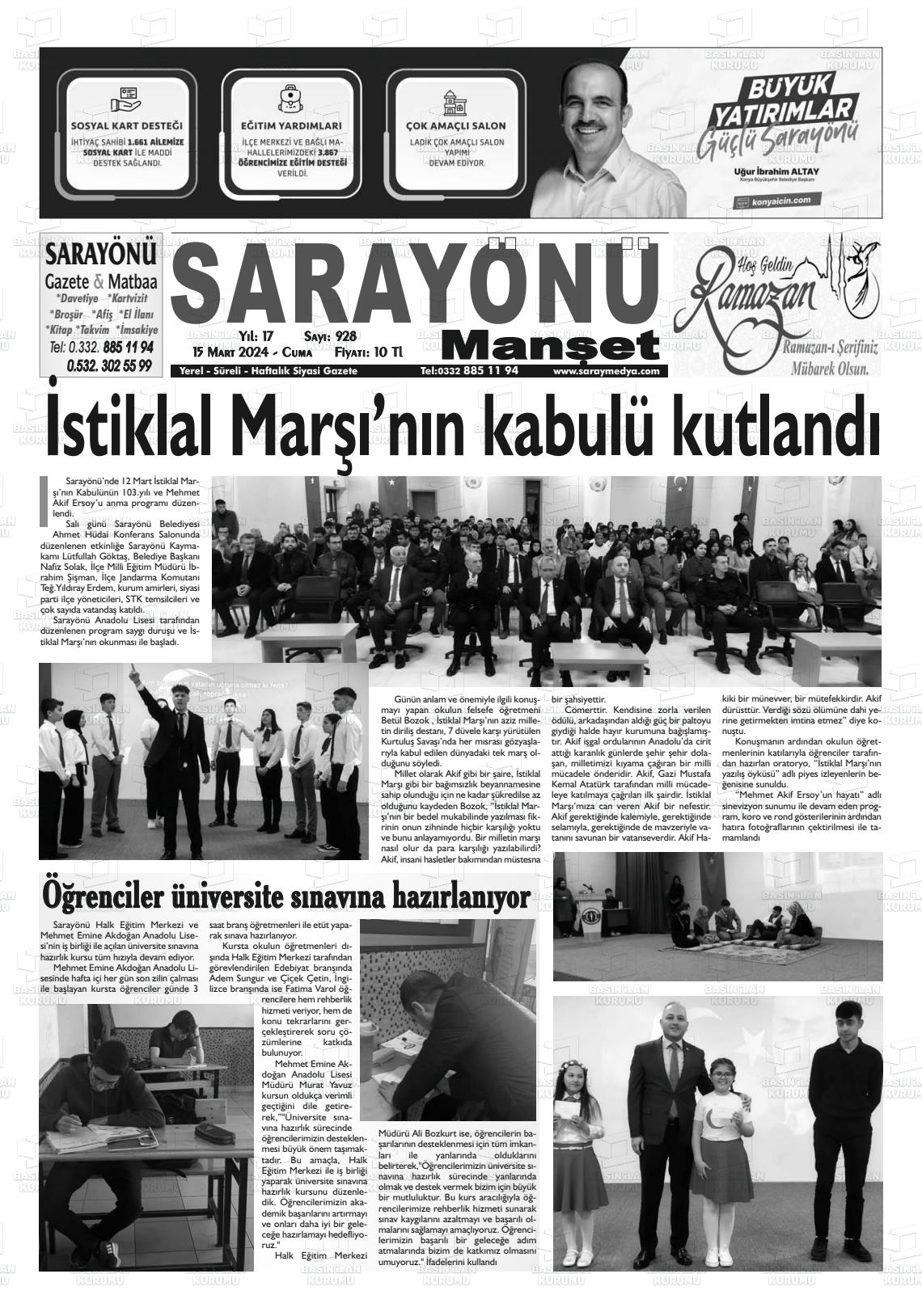 15 Mart 2024 Saray Medya Gazete Manşeti