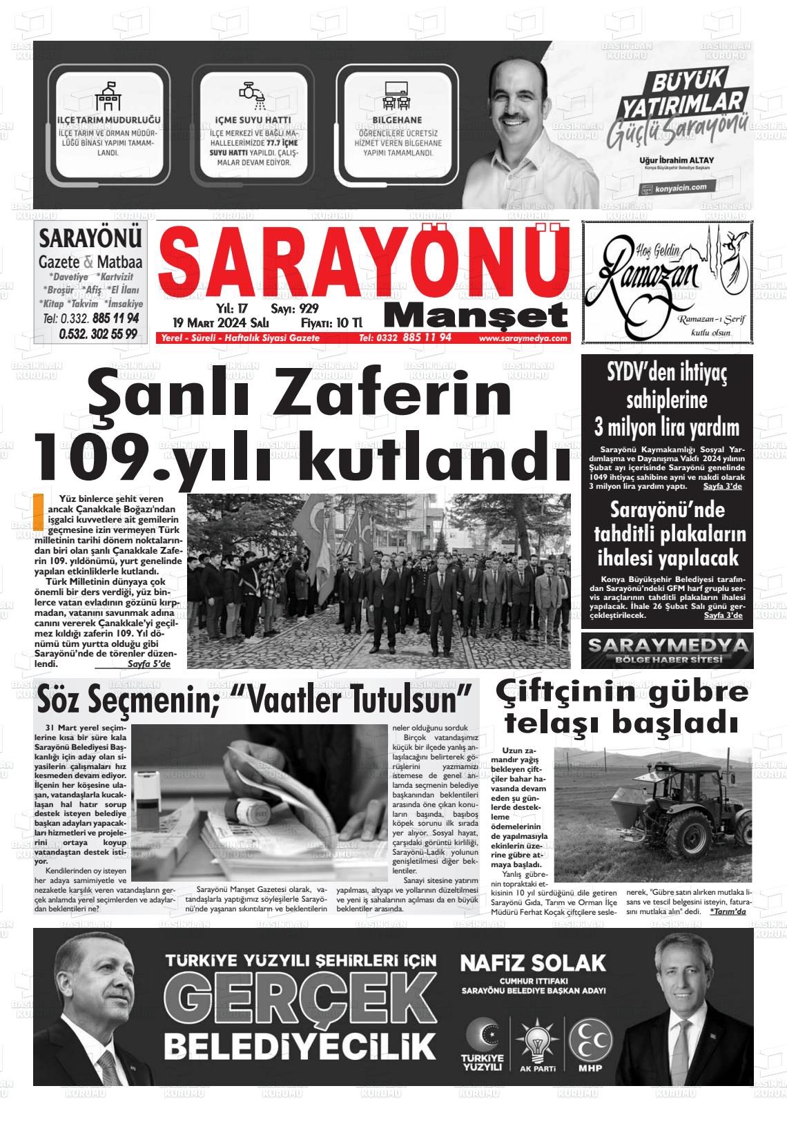 19 Mart 2024 Saray Medya Gazete Manşeti