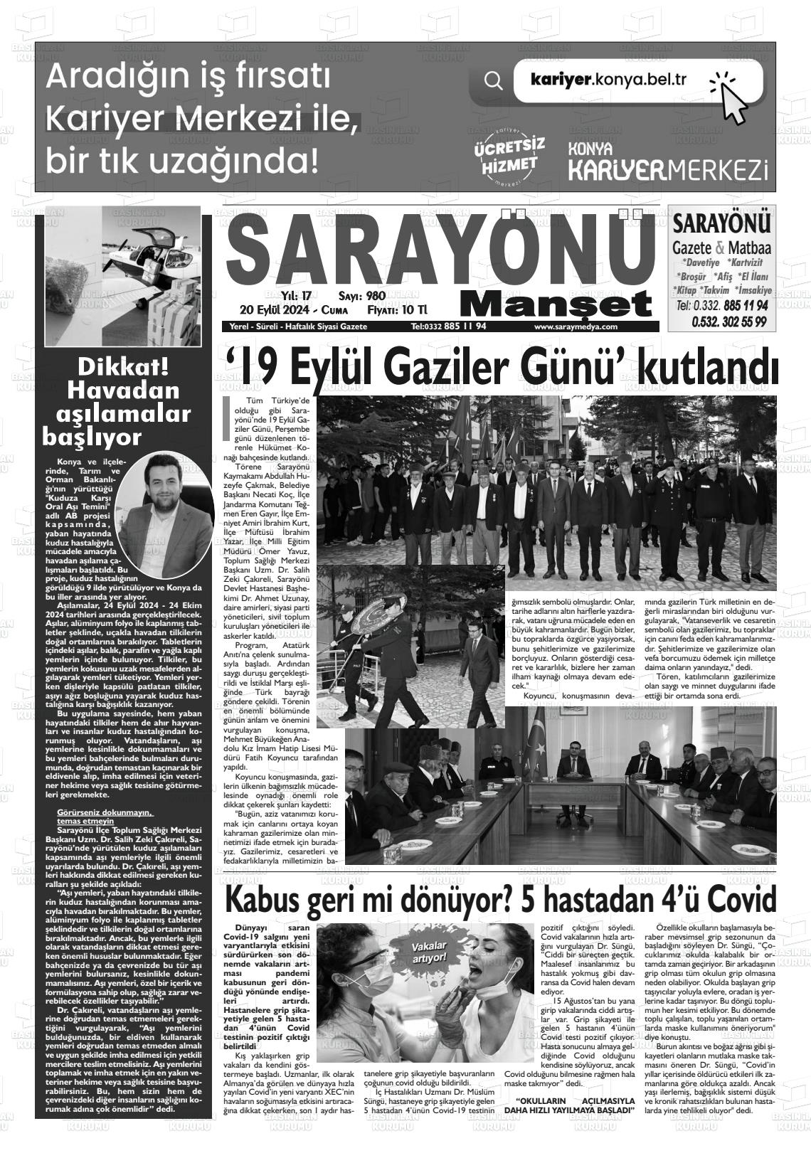 20 Eylül 2024 Saray Medya Gazete Manşeti