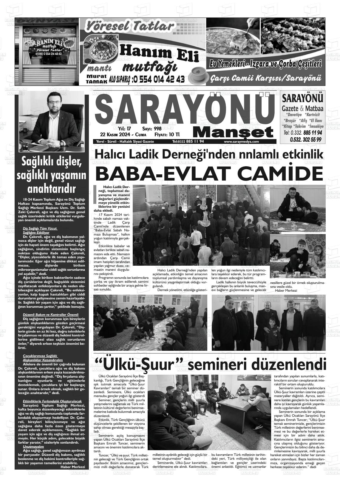 22 Kasım 2024 Saray Medya Gazete Manşeti