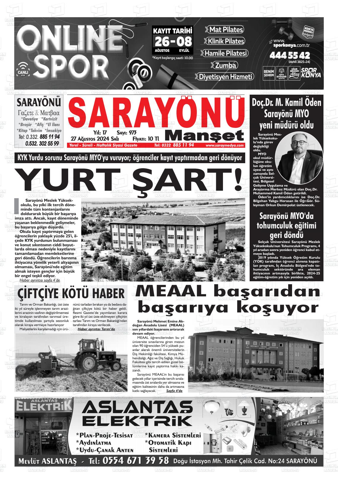 27 Ağustos 2024 Saray Medya Gazete Manşeti