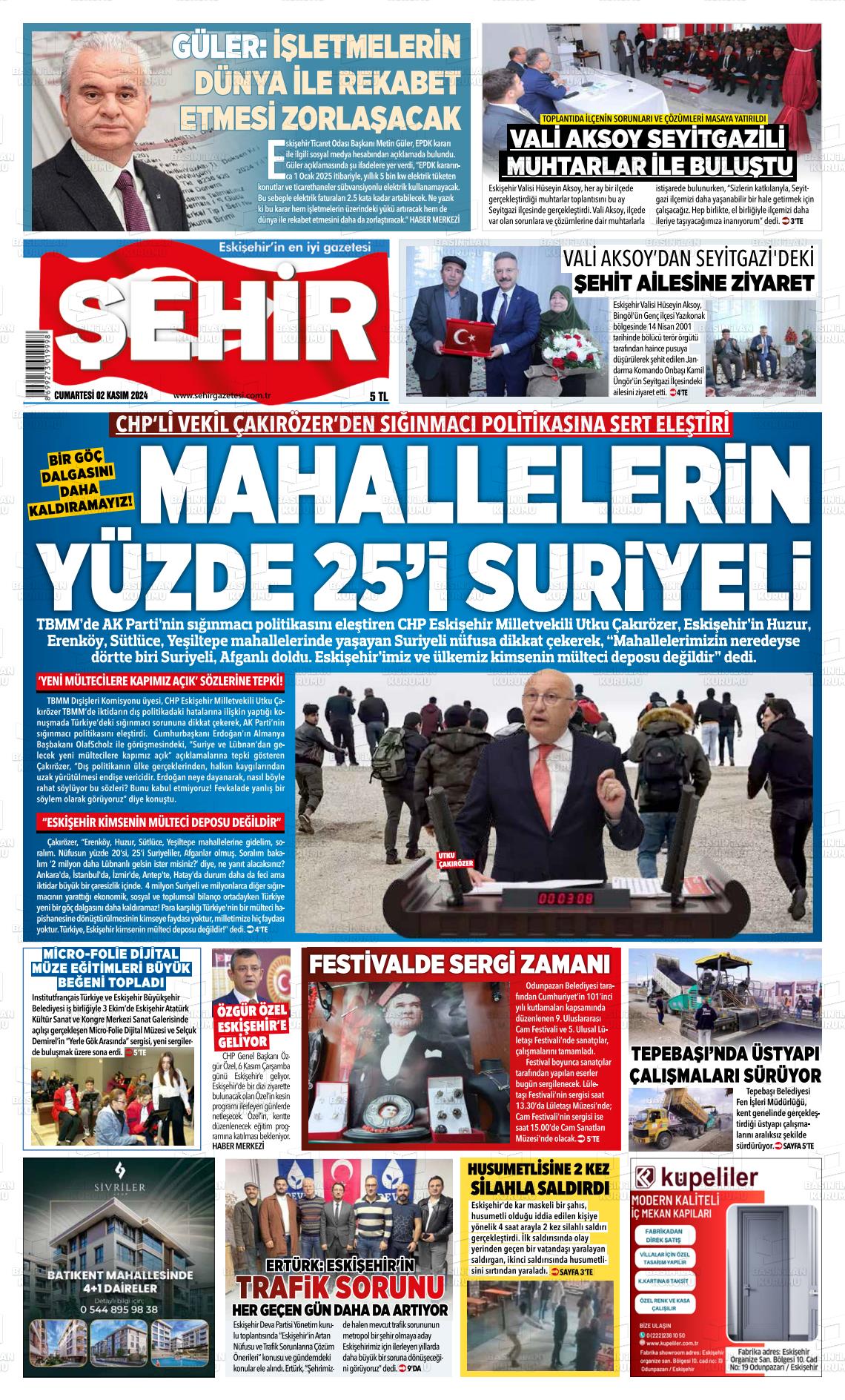 02 Kasım 2024 Şehir Gazete Manşeti