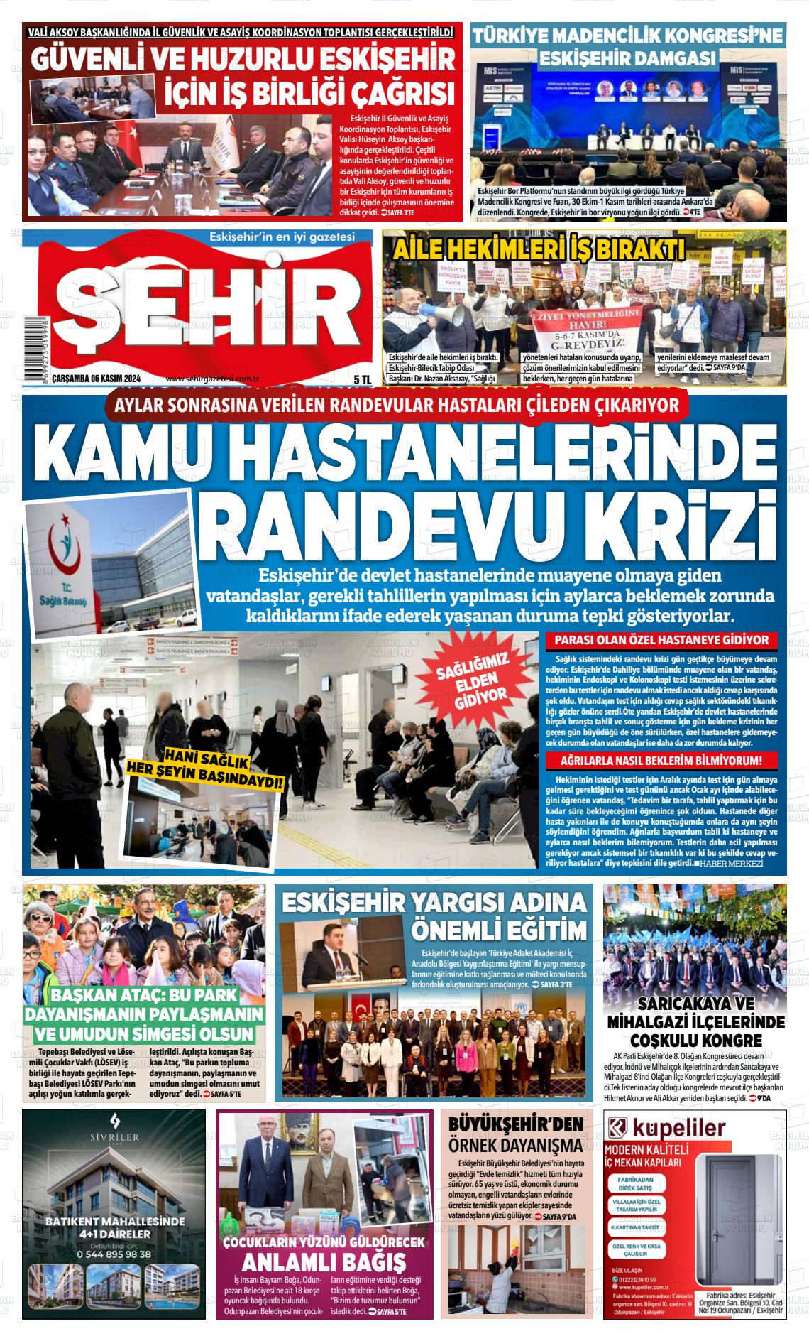 06 Kasım 2024 Şehir Gazete Manşeti