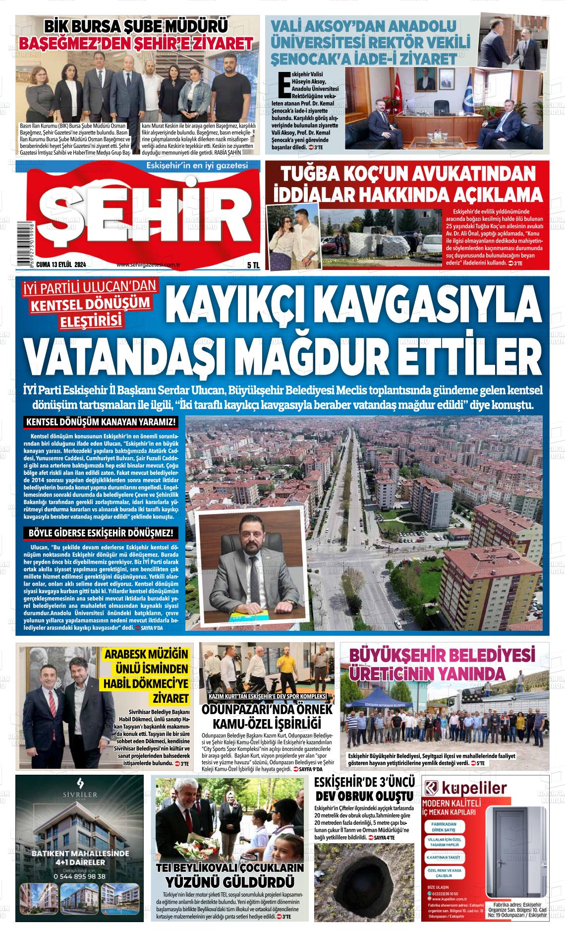 13 Eylül 2024 Şehir Gazete Manşeti