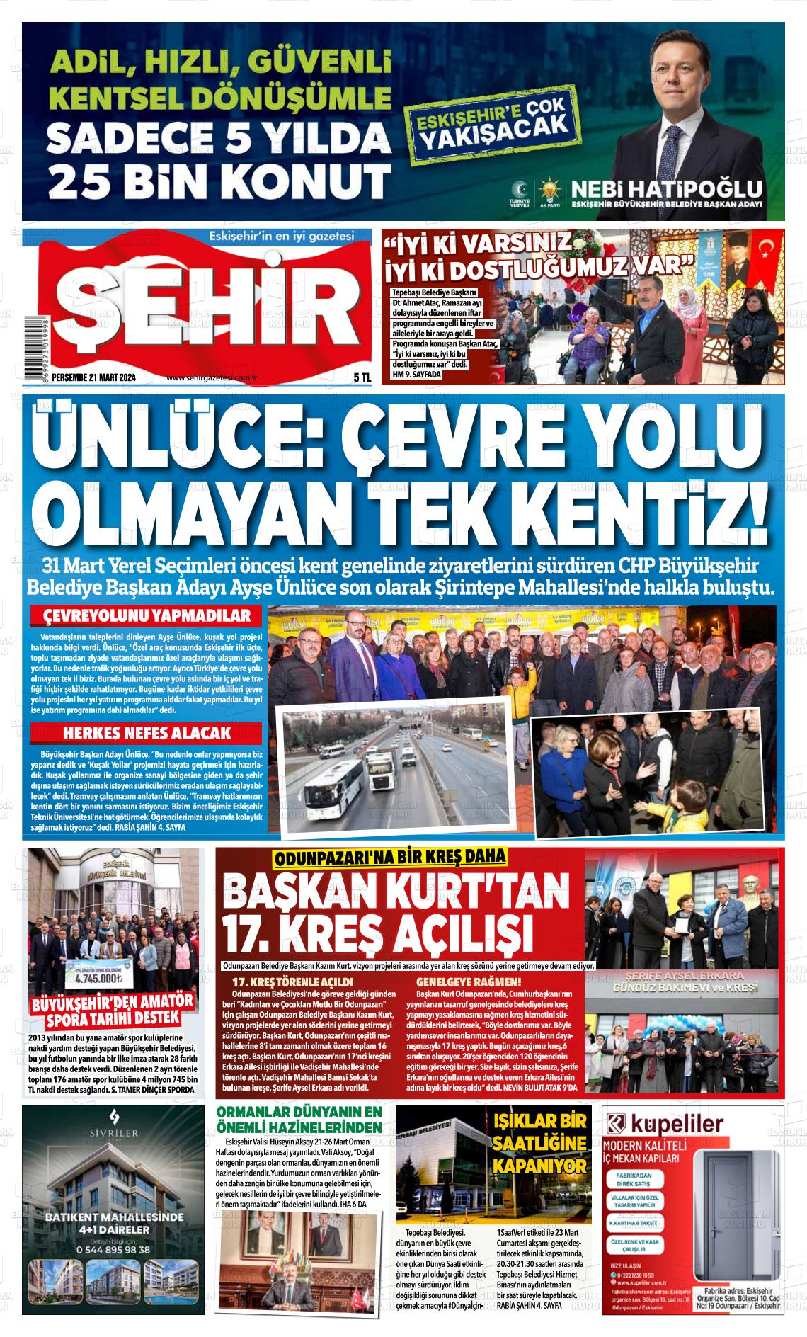 21 Mart 2024 Şehir Gazete Manşeti