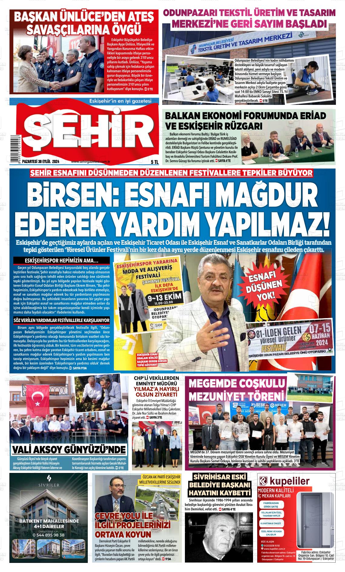 30 Eylül 2024 Şehir Gazete Manşeti