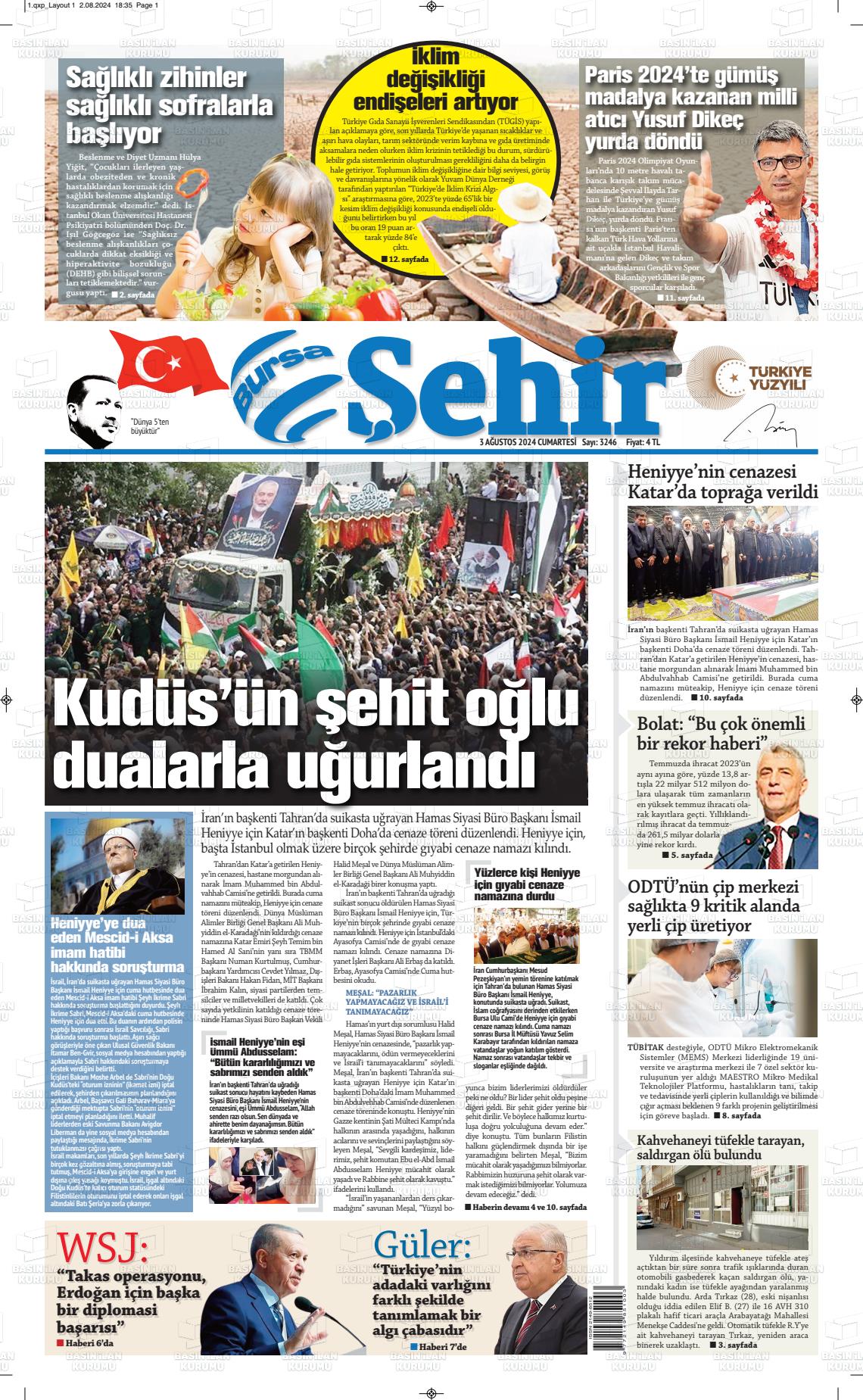 03 Ağustos 2024 Şehir Medya Gazete Manşeti