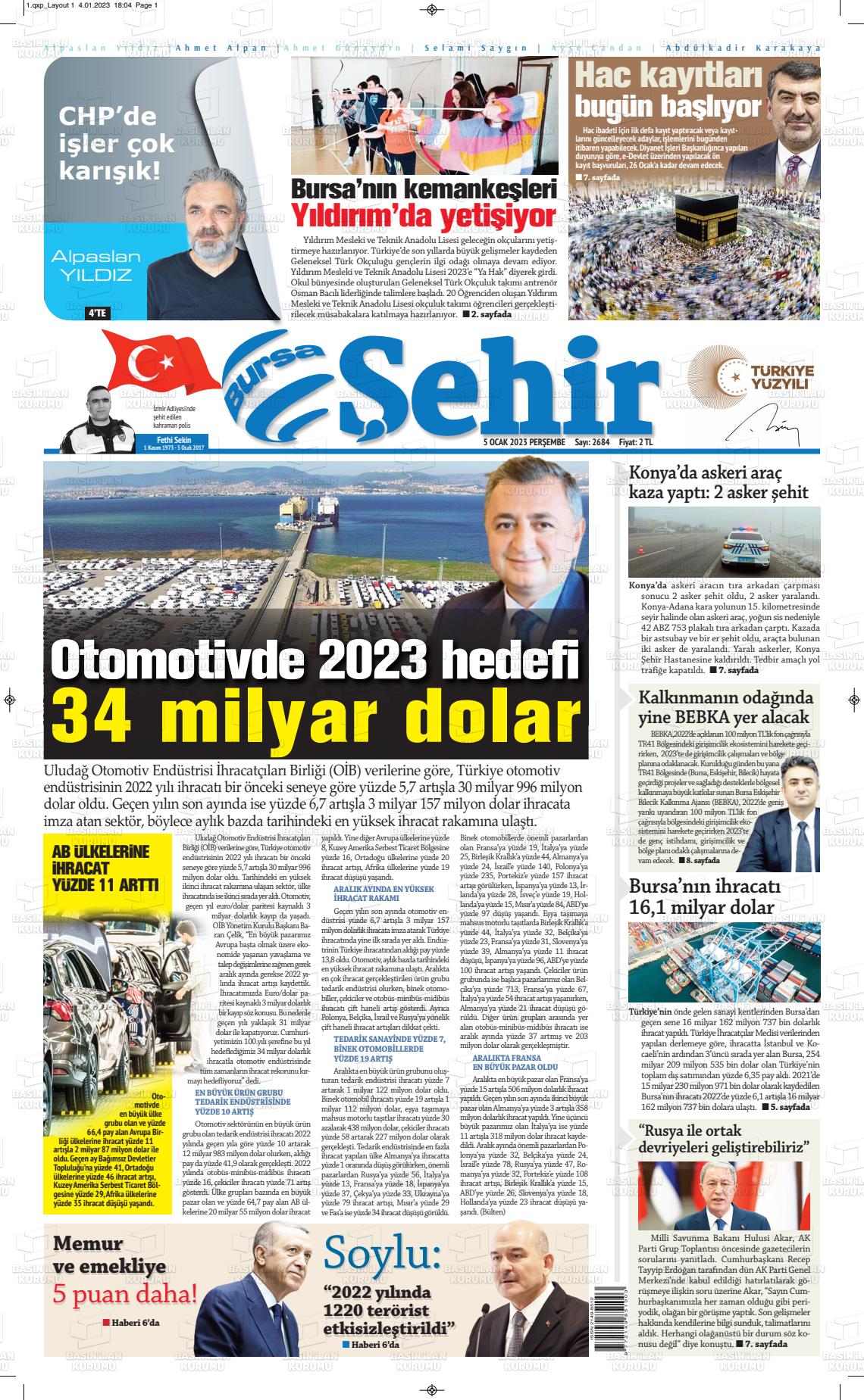 05 Ocak 2023 Şehir Medya Gazete Manşeti