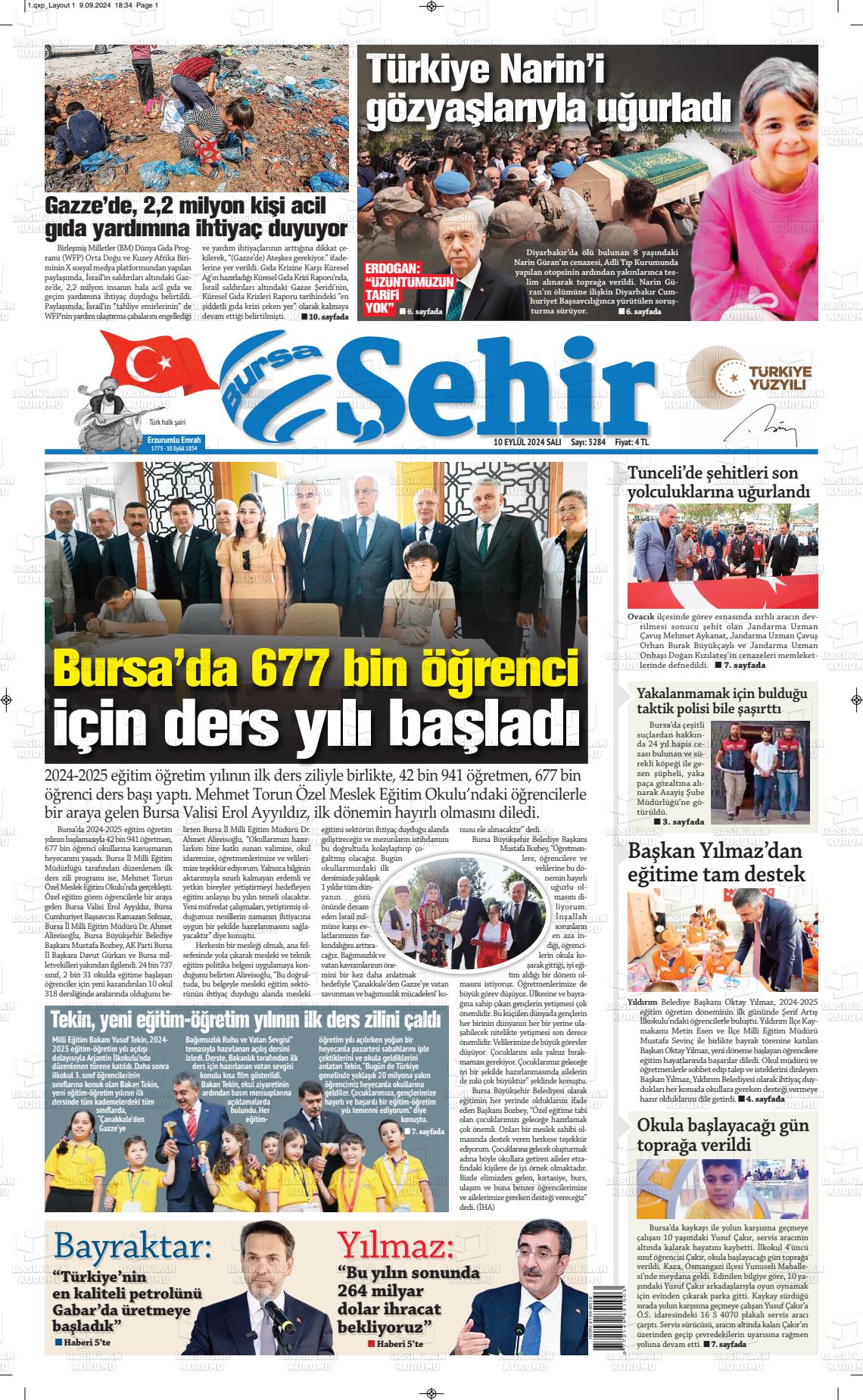 10 Eylül 2024 Şehir Medya Gazete Manşeti