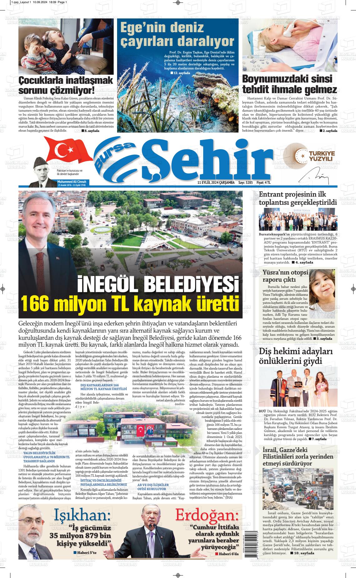 11 Eylül 2024 Şehir Medya Gazete Manşeti