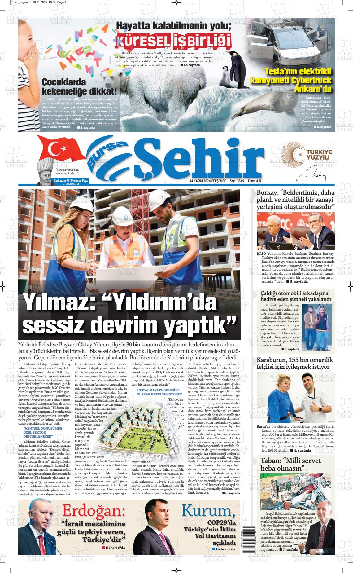 14 Kasım 2024 Şehir Medya Gazete Manşeti