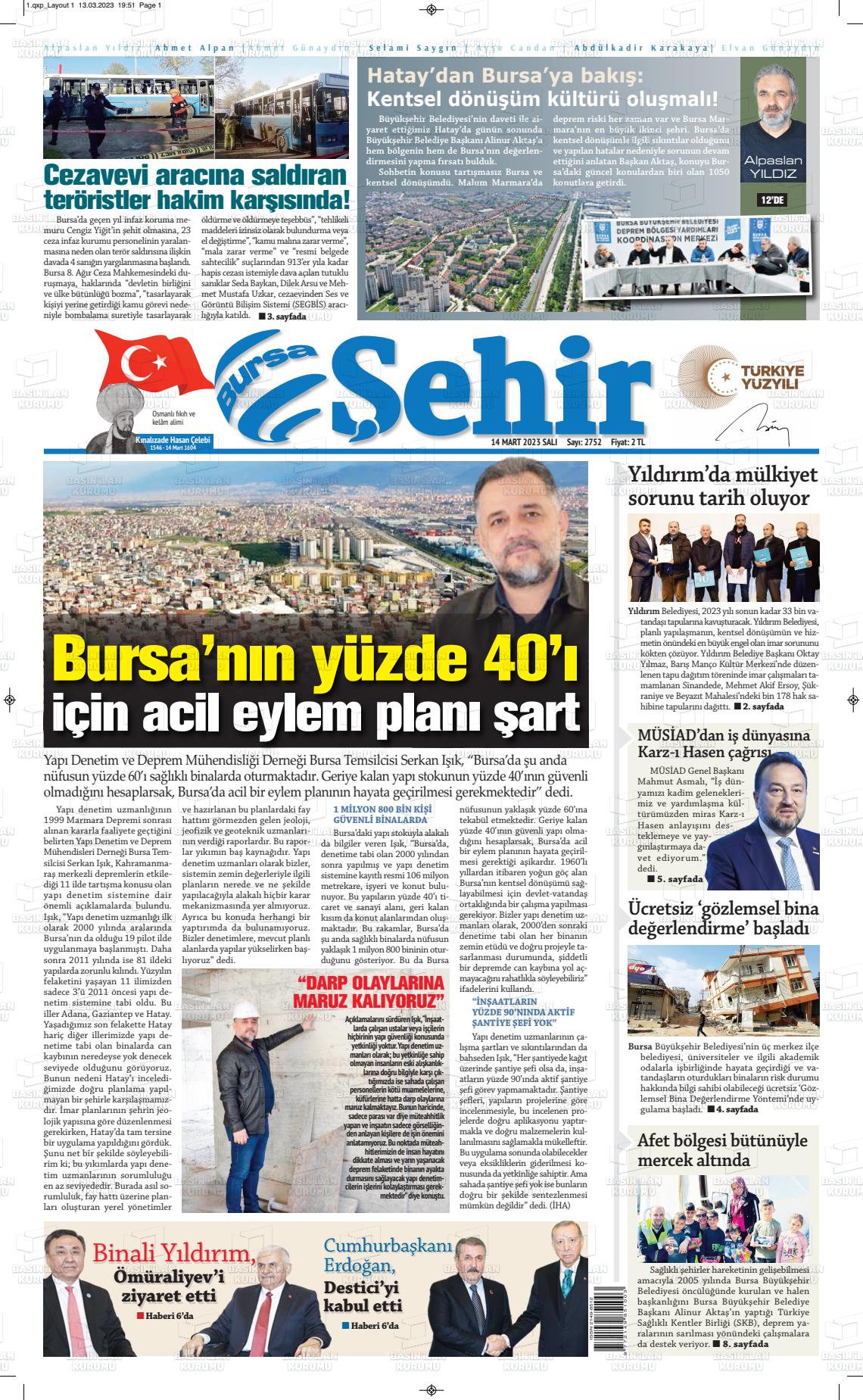 14 Mart 2023 Şehir Medya Gazete Manşeti