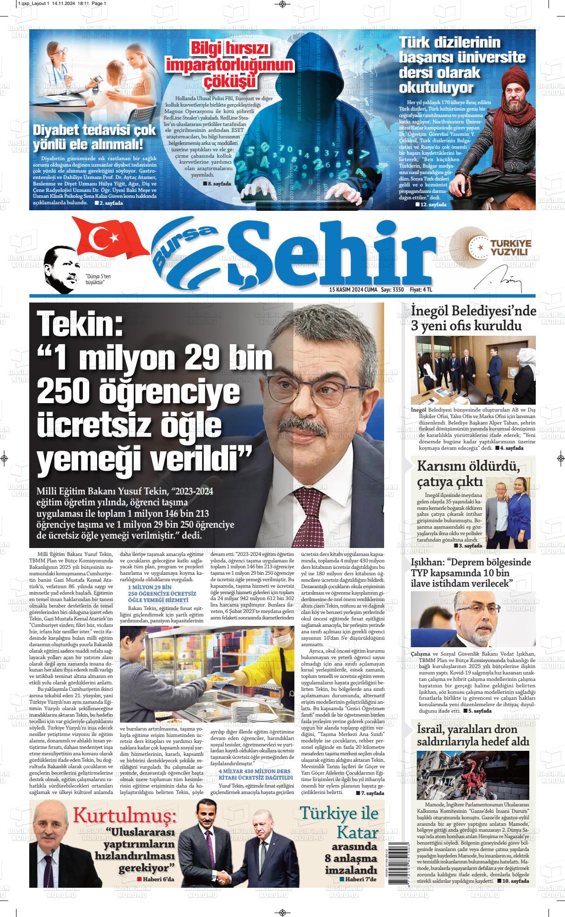 15 Kasım 2024 Şehir Medya Gazete Manşeti