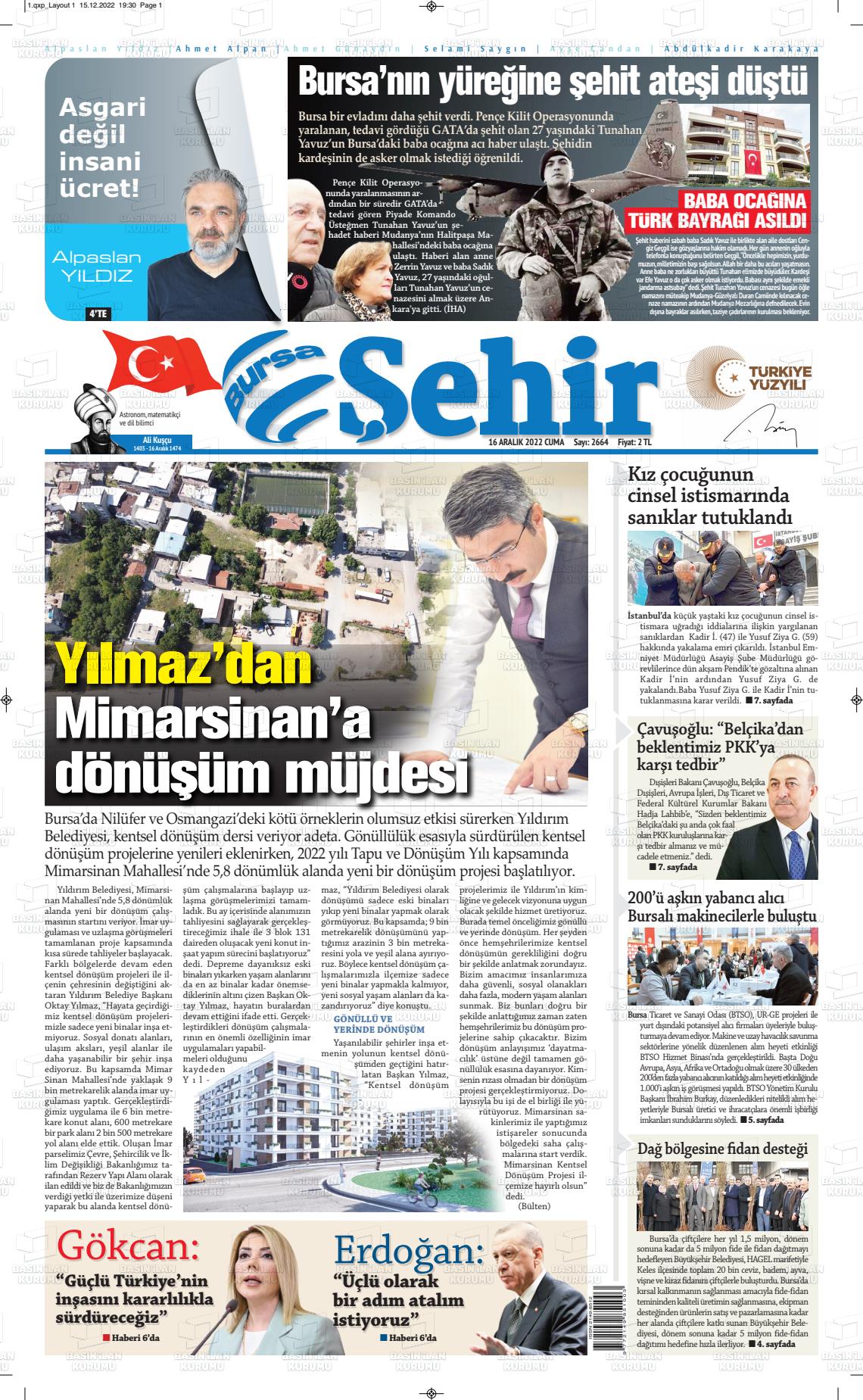 16 Aralık 2022 Şehir Medya Gazete Manşeti