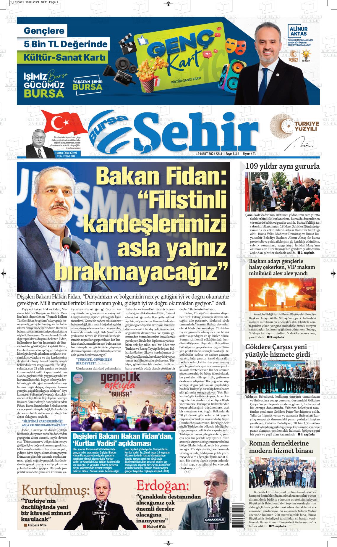 19 Mart 2024 Şehir Medya Gazete Manşeti