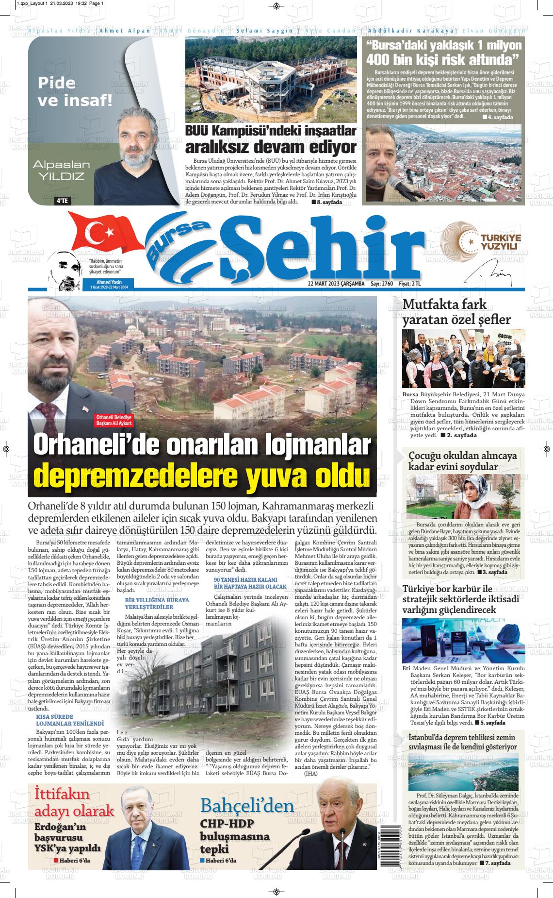 22 Mart 2023 Şehir Medya Gazete Manşeti