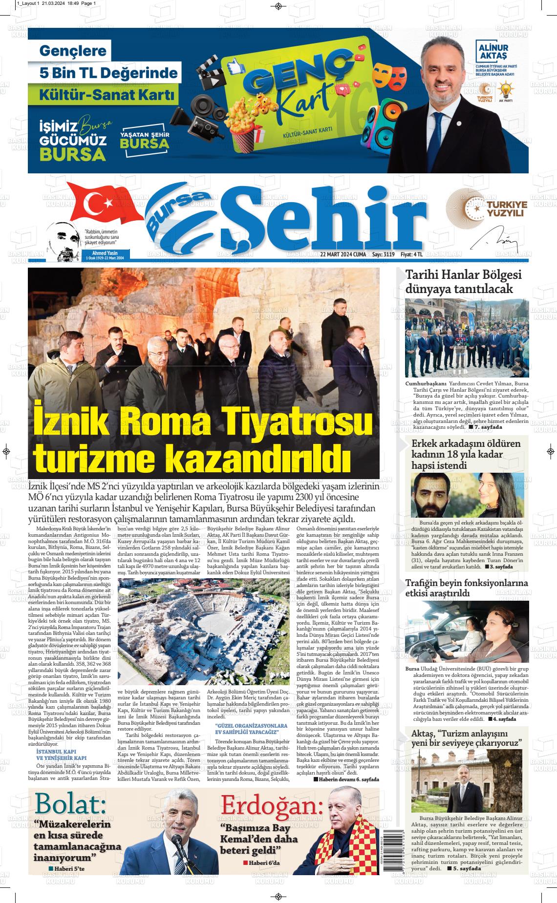 22 Mart 2024 Şehir Medya Gazete Manşeti