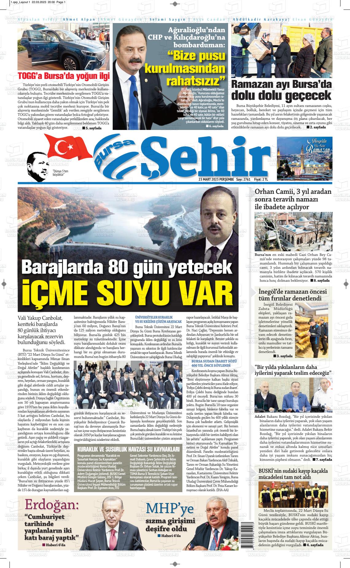 23 Mart 2023 Şehir Medya Gazete Manşeti