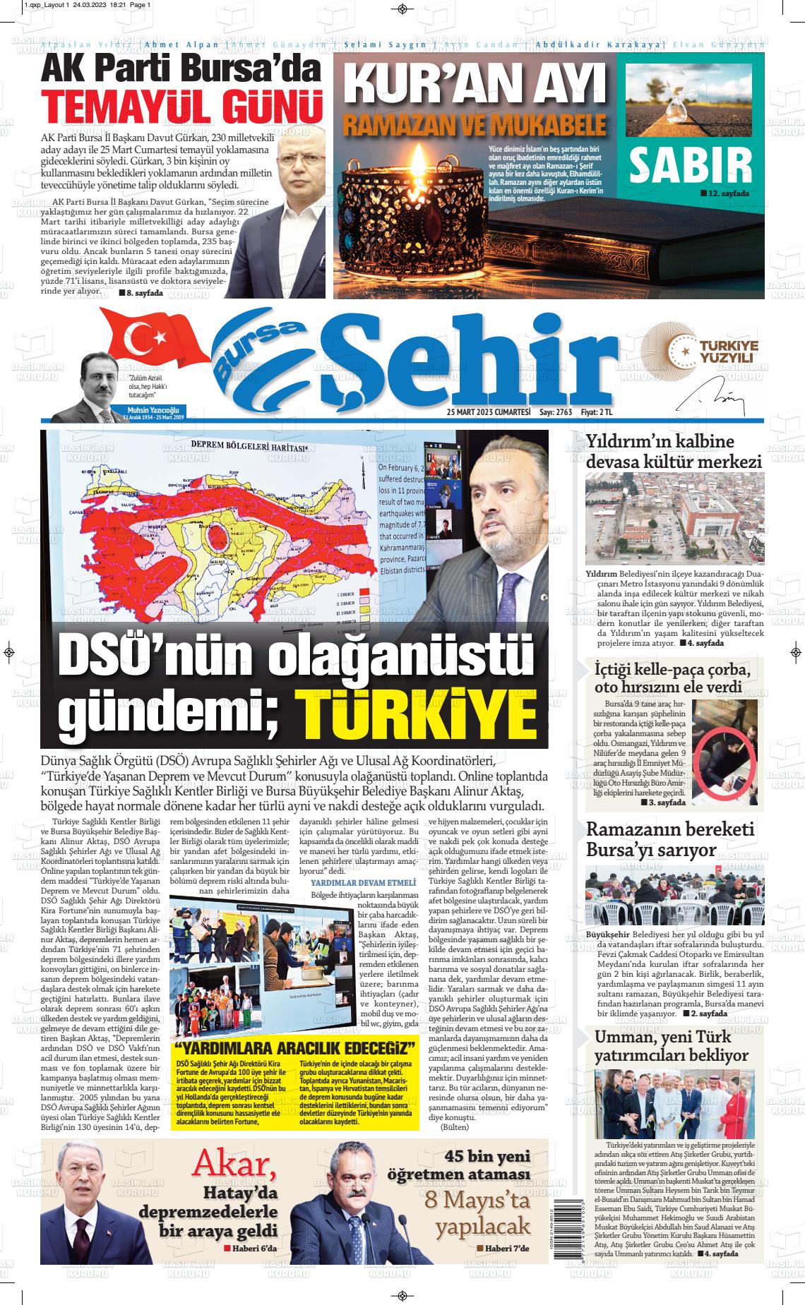 25 Mart 2023 Şehir Medya Gazete Manşeti