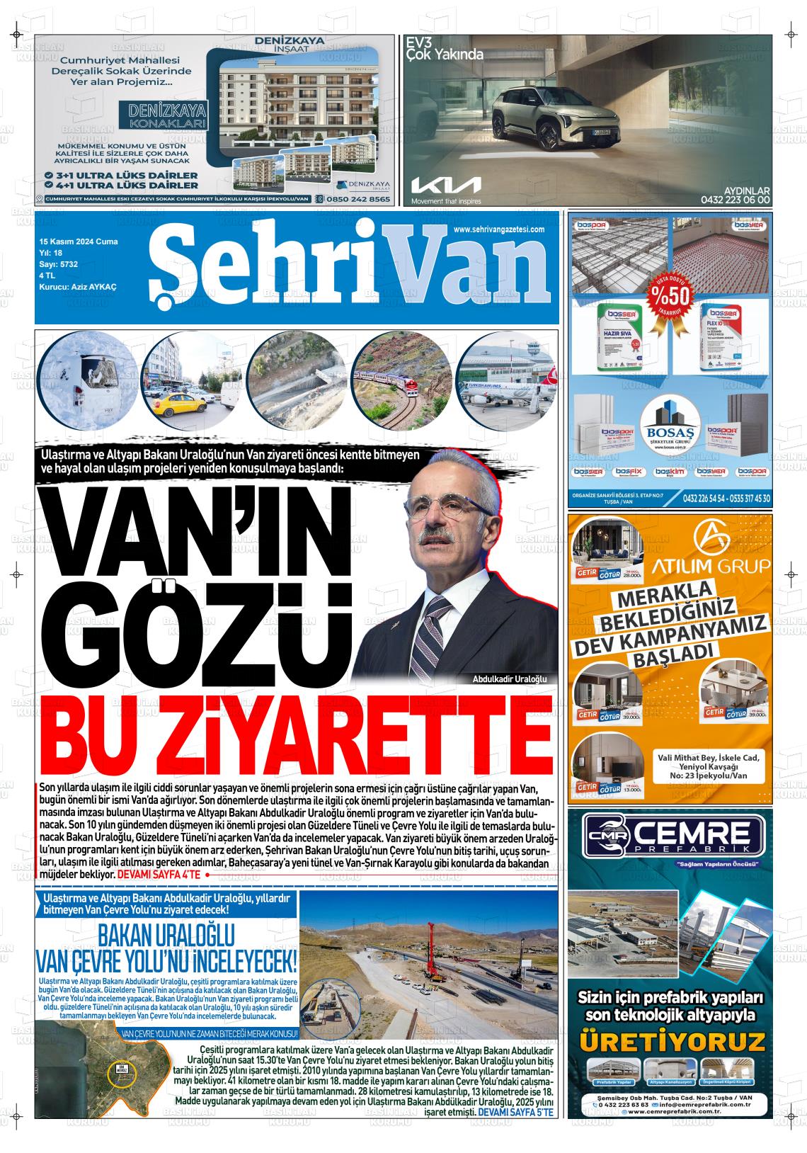 15 Kasım 2024 Şehrivan Gazete Manşeti