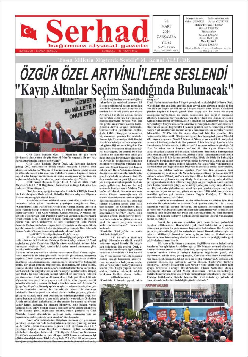 24 Mart 2024 Serhat Artvin Gazete Manşeti