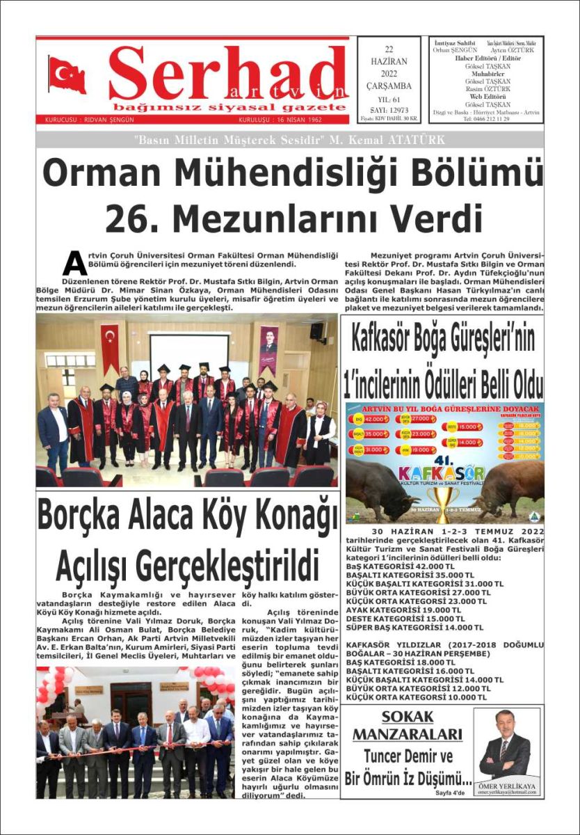 28 Haziran 2022 Serhat Artvin Gazete Manşeti