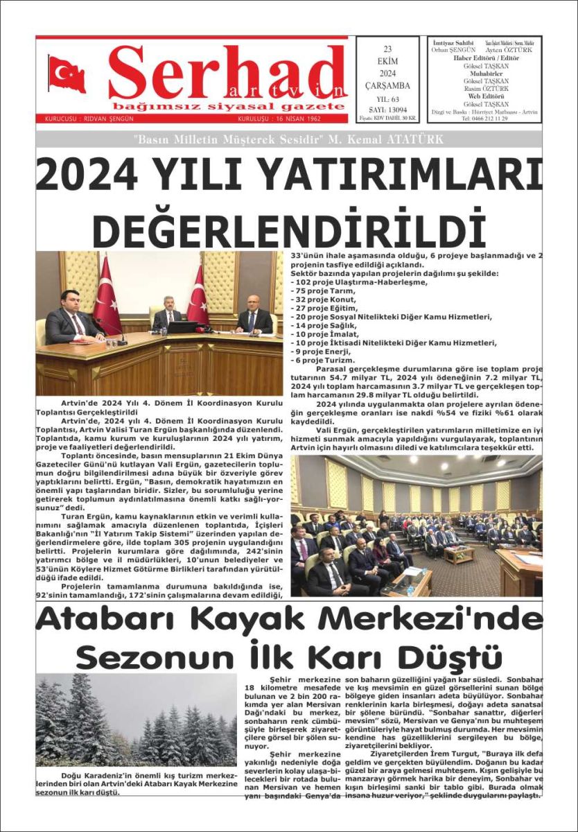 29 Ekim 2024 Serhat Artvin Gazete Manşeti