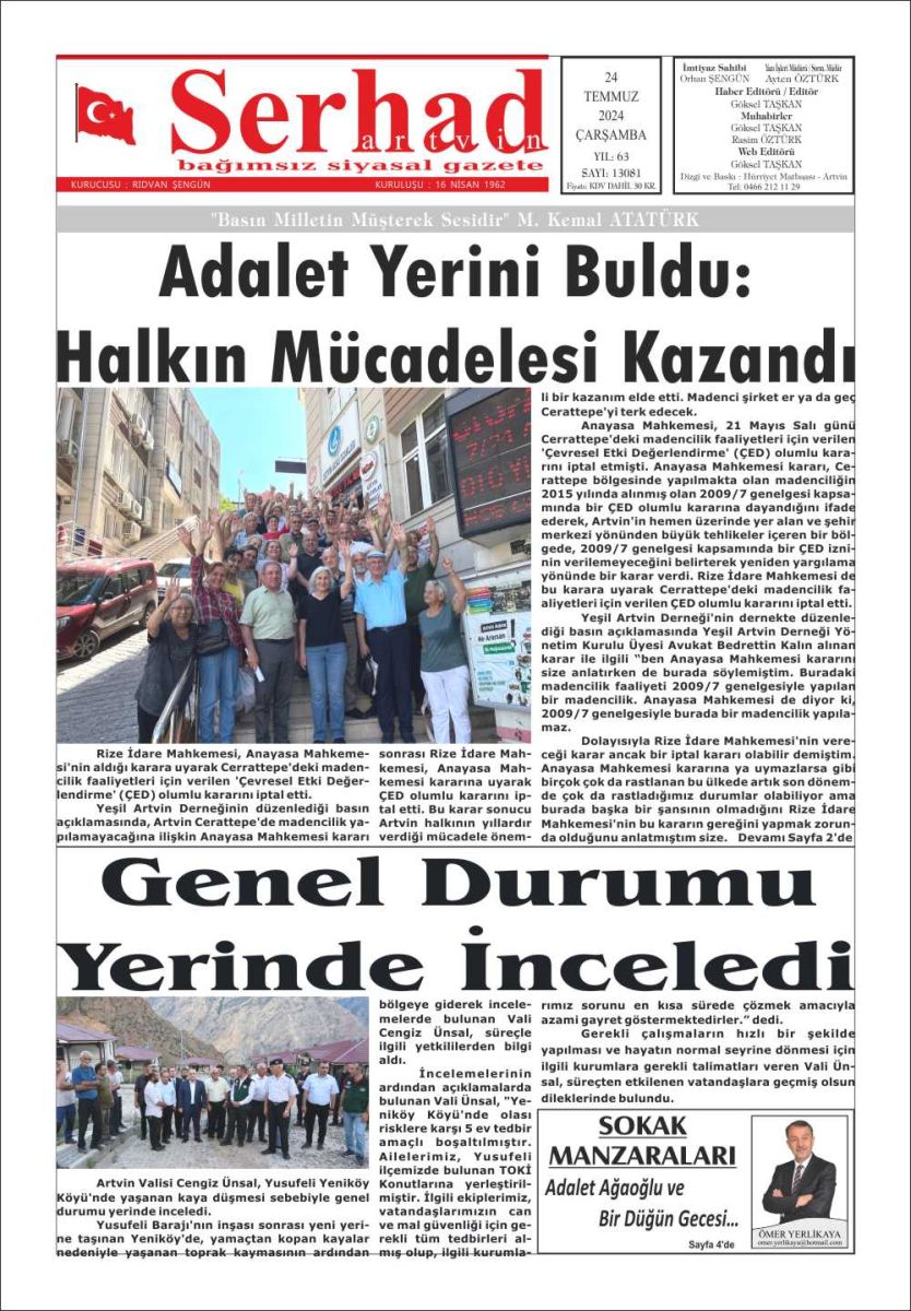 27 Temmuz 2024 Serhat Artvin Gazete Manşeti
