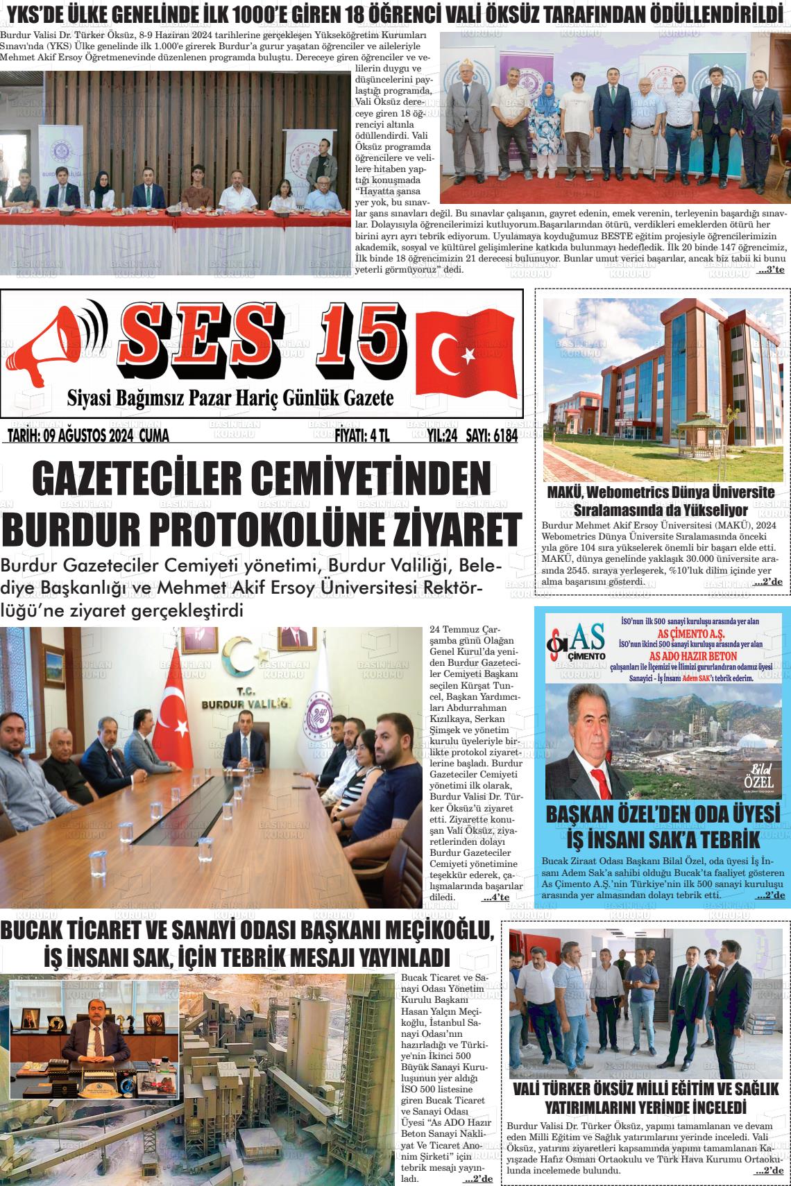 09 Ağustos 2024 Ses 15 Gazete Manşeti