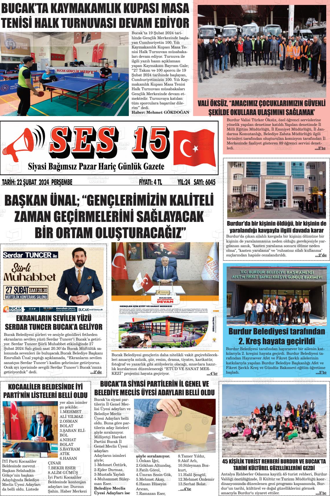 22 Şubat 2024 Ses 15 Gazete Manşeti