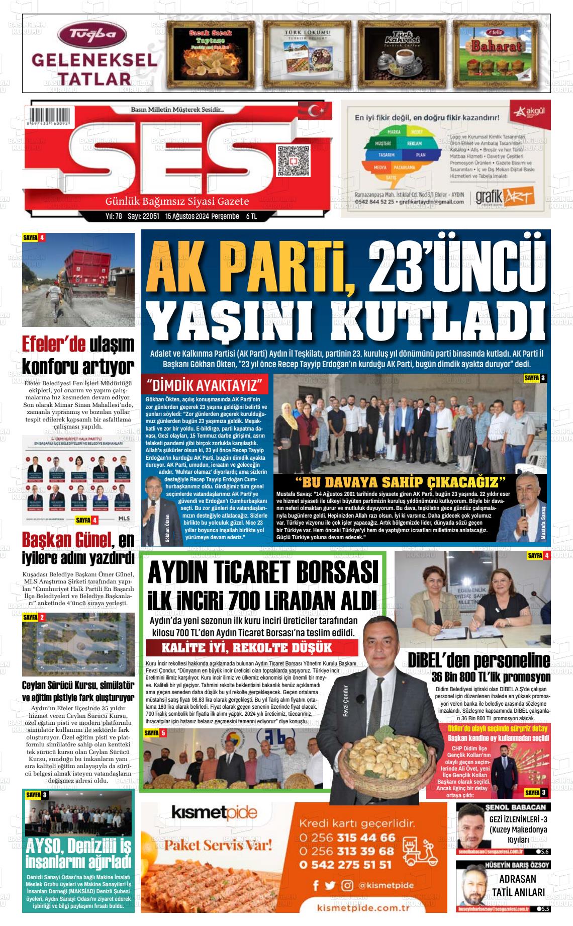 15 Ağustos 2024 Aydın SES Gazete Manşeti