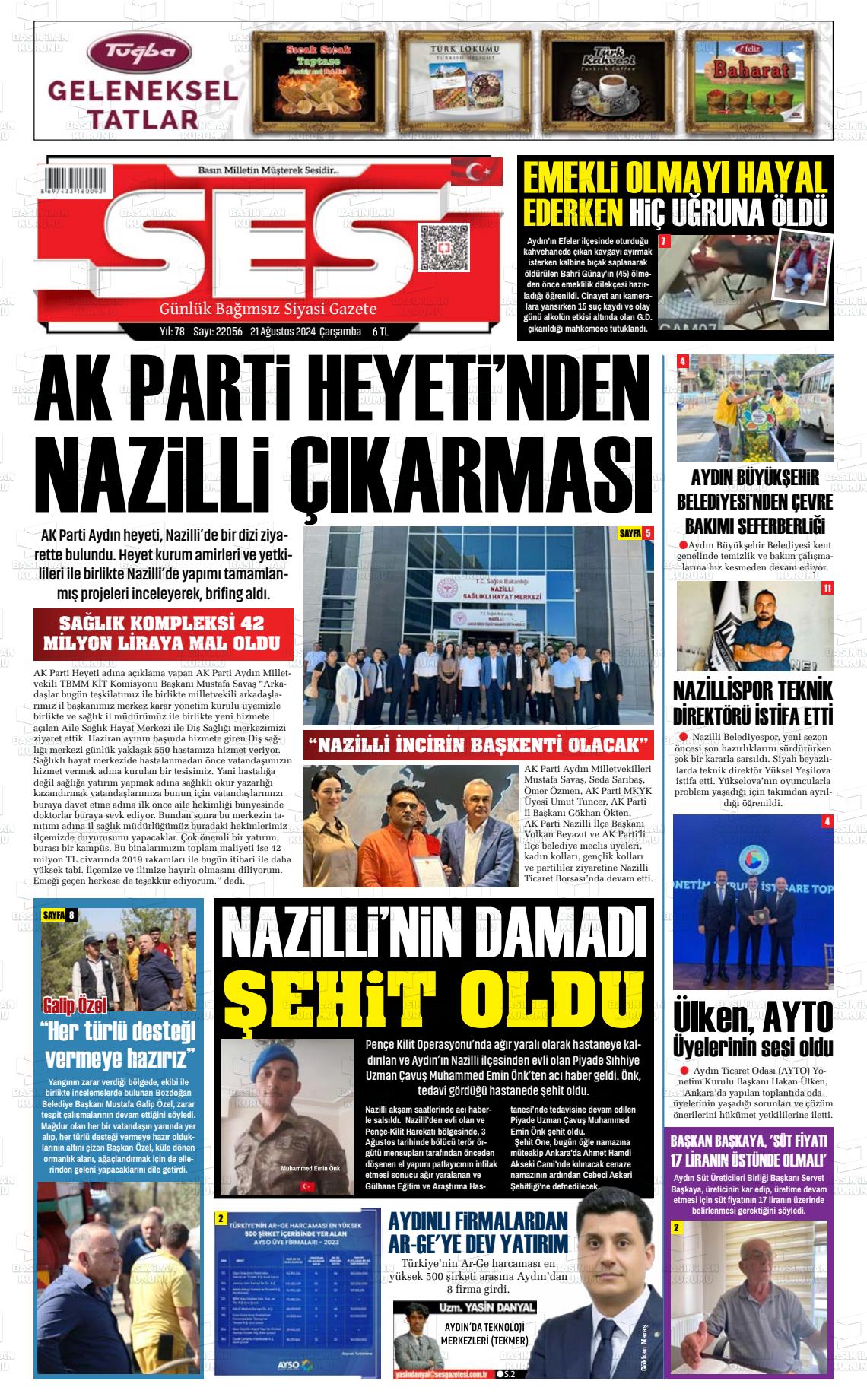 21 Ağustos 2024 Aydın SES Gazete Manşeti