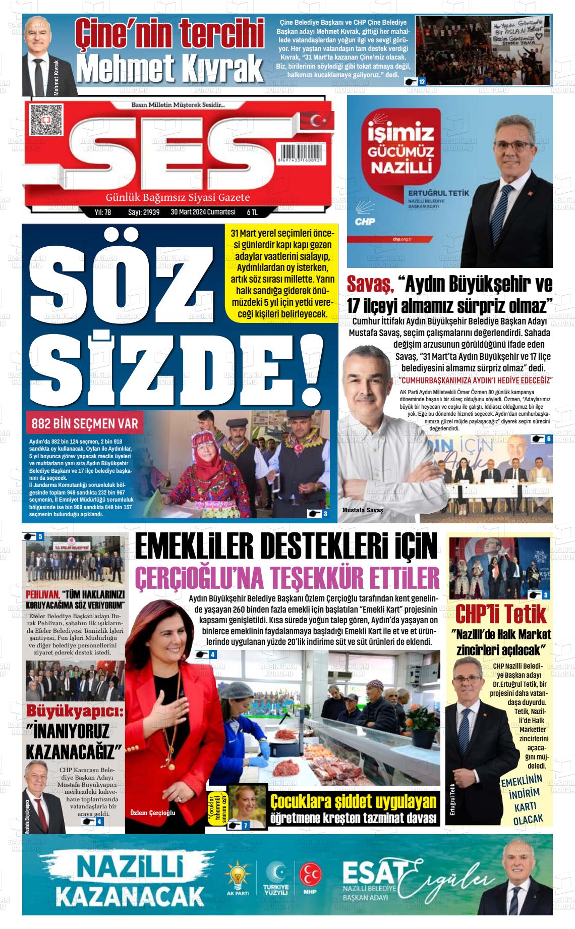 30 Mart 2024 Aydın SES Gazete Manşeti