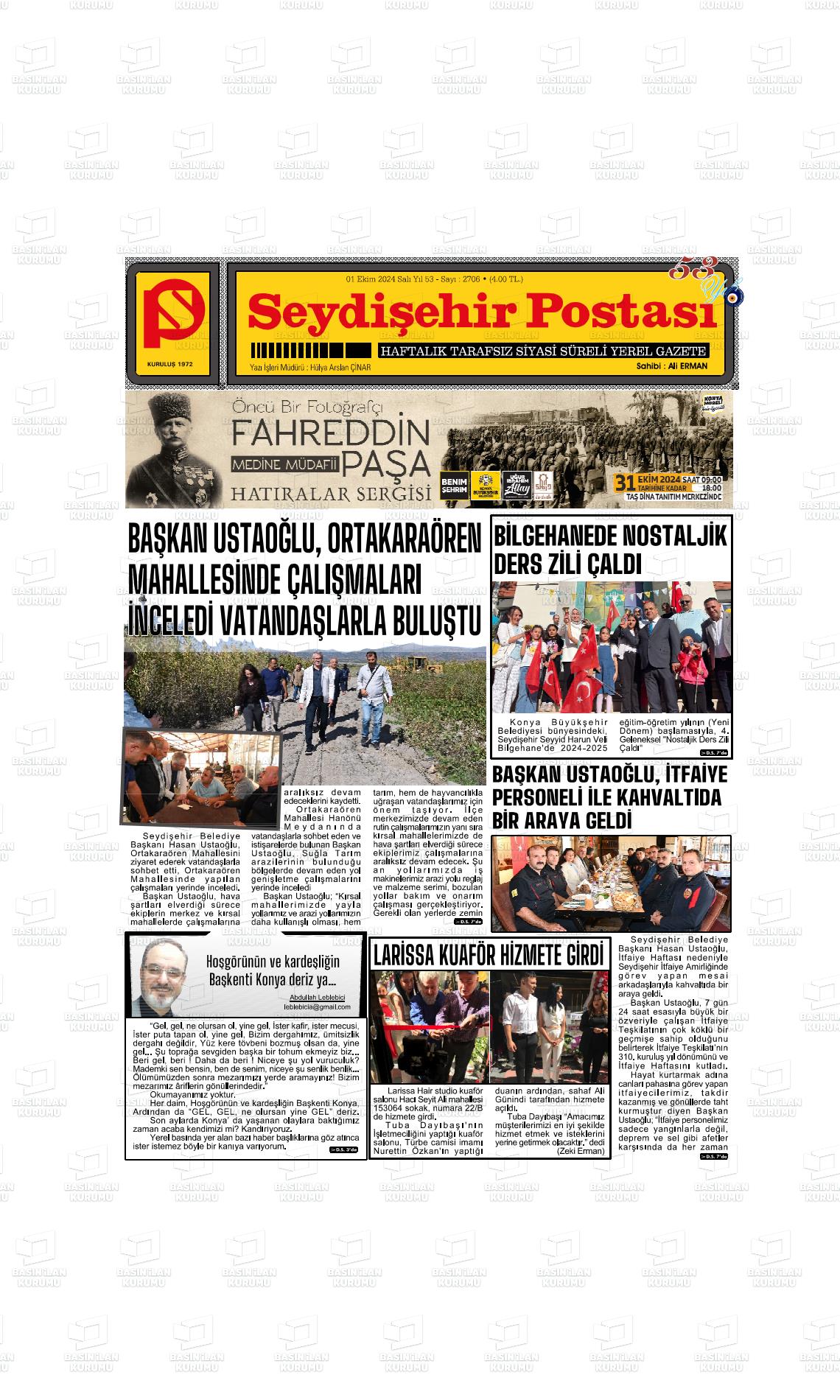 01 Ekim 2024 Seydişehir Postası Gazete Manşeti