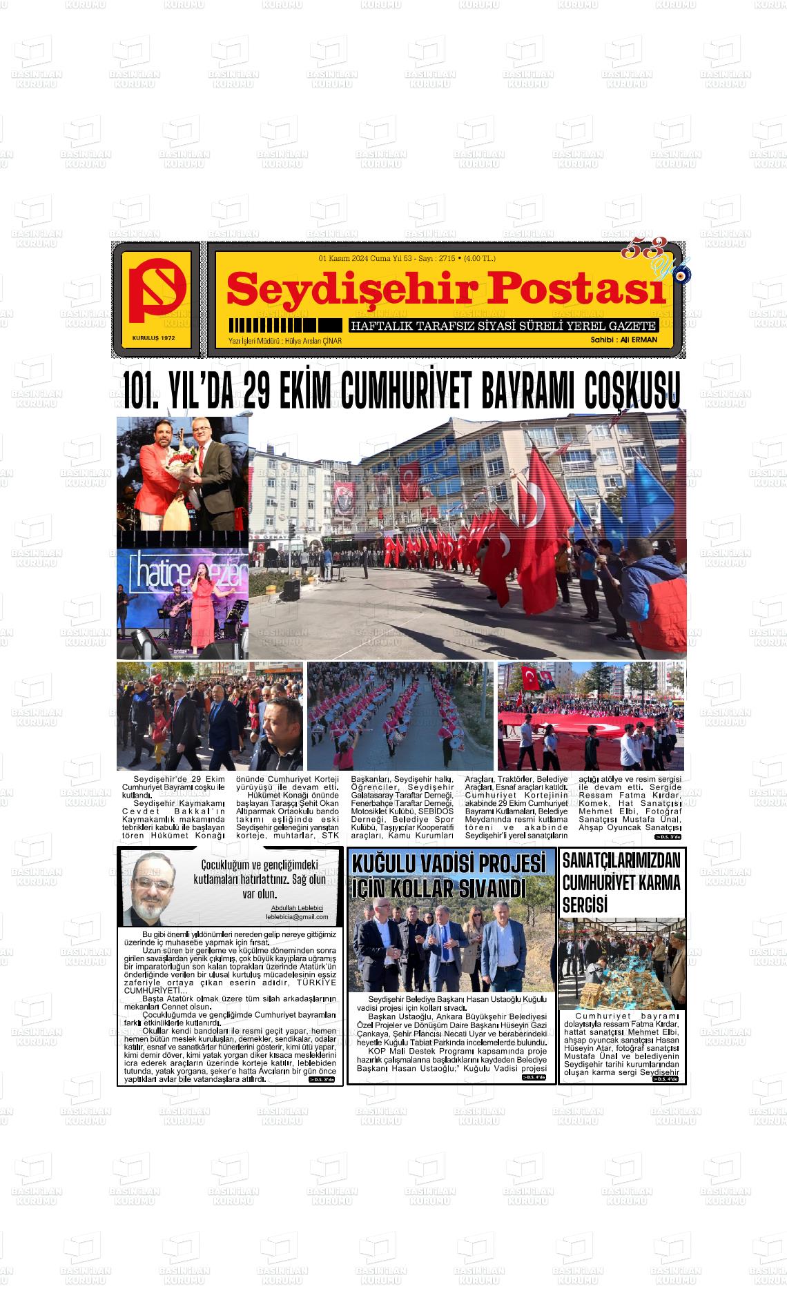 01 Kasım 2024 Seydişehir Postası Gazete Manşeti