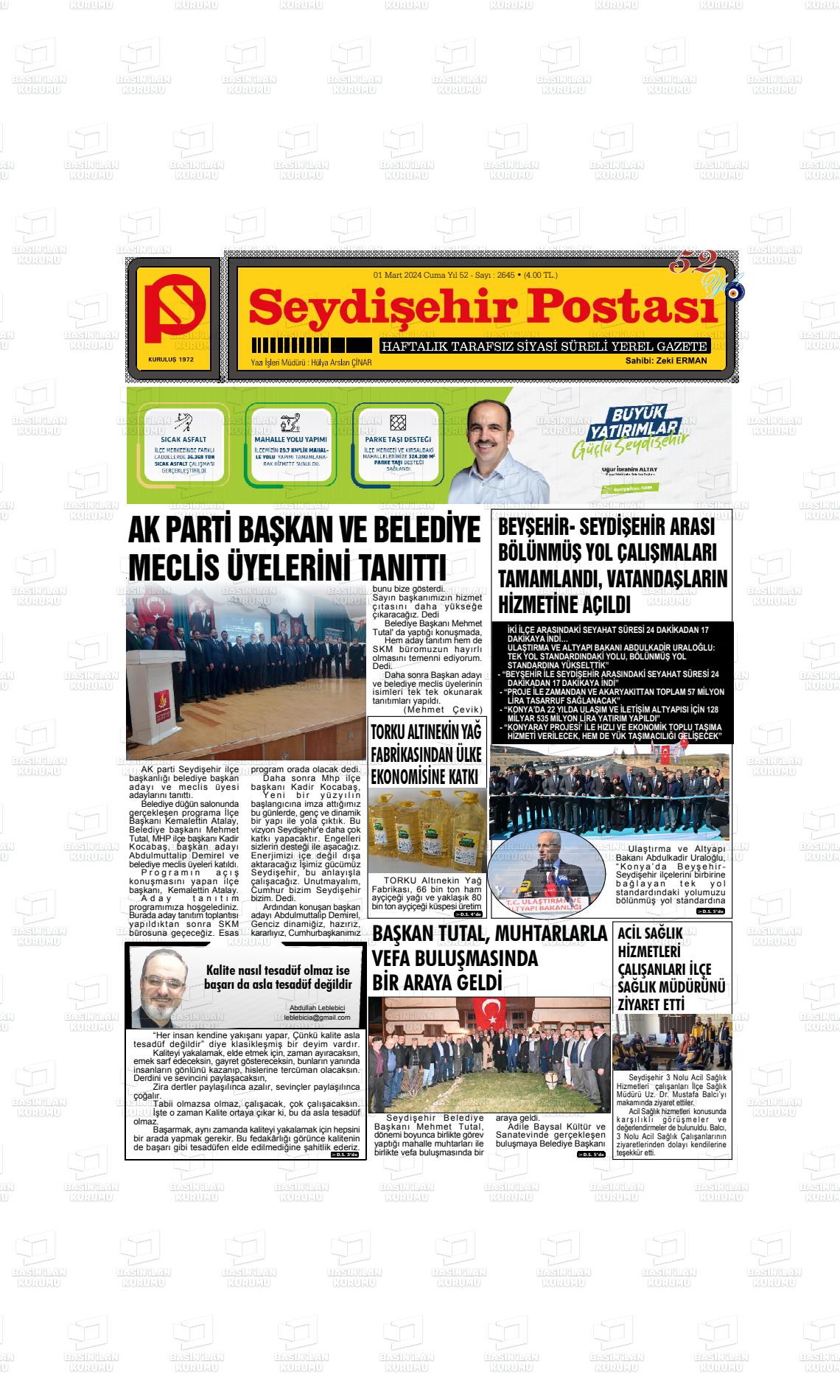 01 Mart 2024 Seydişehir Postası Gazete Manşeti